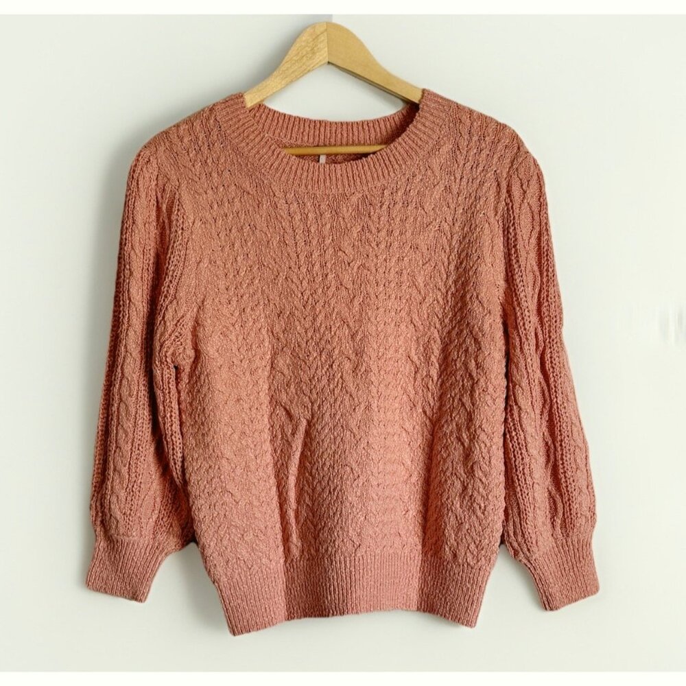 Free People Cable Knit Sweater Women’s Large Coral Pink Balloon Sleeve Boho Cozy